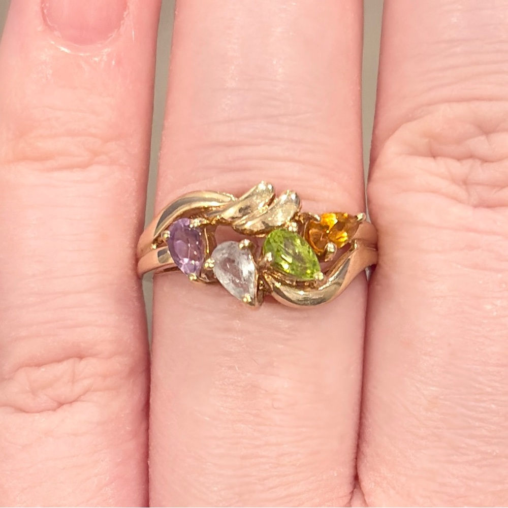 10K Rainbow Gemstone Ring, Swirl Aquamarine Peridot Citrine Amethyst Size 7.25 - Picture 11 of 13